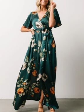 NWT Baltic Born Sicily Satin Maxi Dress | Dark Green Floral Size Large